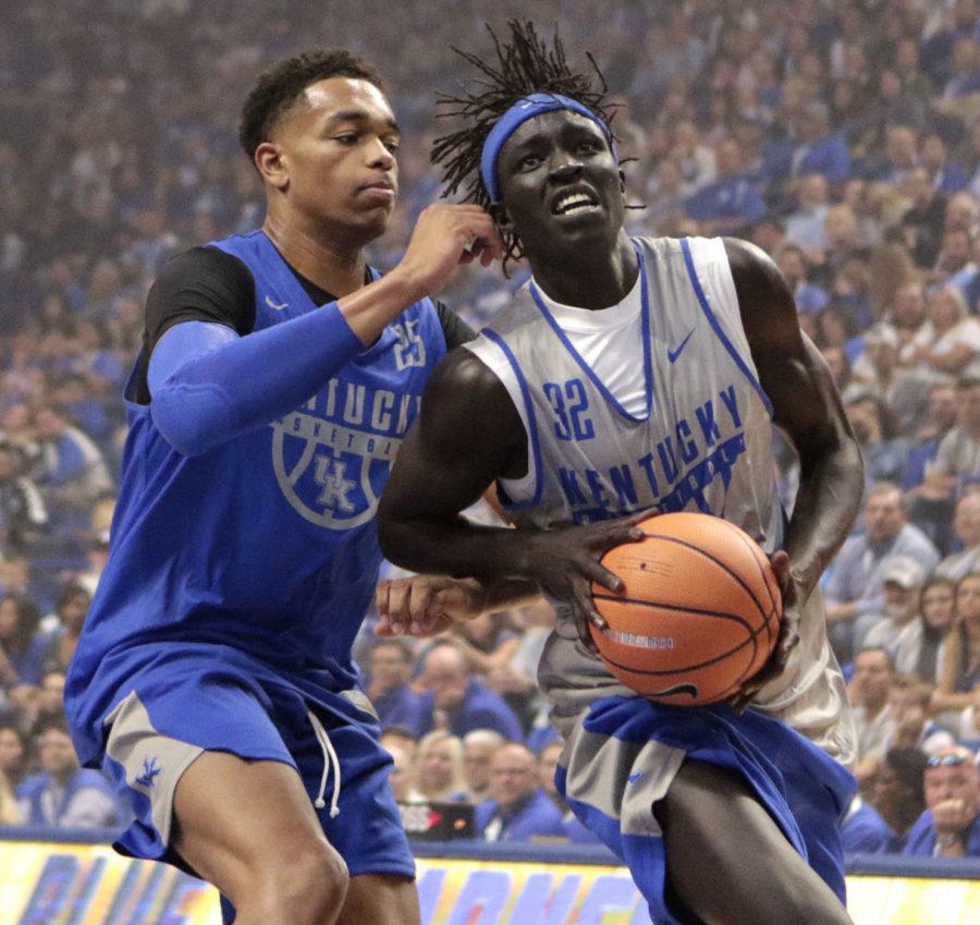 Sophomore forward Wenyen Gabriel goes up for a dunk during Big Blue Madness on Friday, October 13, 2017 in Lexington, Ky. Photo by Carter Gossett | Staff
