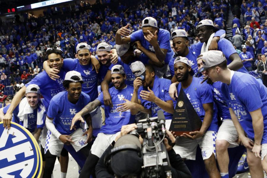 The University of Kentucky mens basketball team wins their third-straight SEC Title after the championship game against the Arkansas Razorbacks on Sunday, March 12, 2017 in Nashville, Ky. Kentucky won the game 82-65 to win their third-straight SEC Championship.