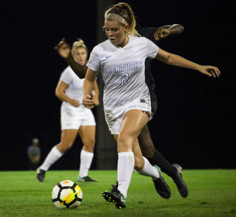 Sophomore forward Foster Ignoffo defends the ball against Vanderbilt at The Bell Soccer Complex. The Cats were defeated 0-2 on Thursday, October 5, 2017 in Lexington, Kentucky. Photo by Olivia Beach | Staff