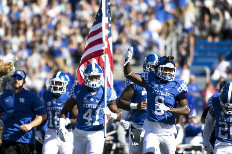 The+University+of+Kentucky+Wildcats+take+the+field+prior+to+the+game+against+Eastern+Michigan+on+Saturday%2C+September+30%2C+2017+in+Lexington%2C+Kentucky.+The+Cats+won+24+to+20.+Photo+by+Arden+Barnes+%7C+Staff