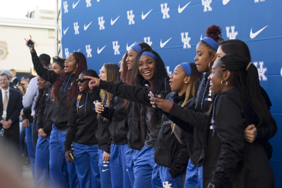 The Kentucky womens basketball team lines up on the blue carpet prior to Big Blue Madness on Friday, October 13, 2017 in Lexington, Kentucky. Photo by Arden Barnes | Staff