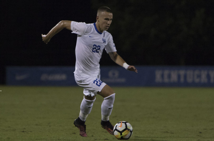 Junior Tanner Hummel dribbles across field during the game against UAB on Friday, September 8, 2017 in Lexington, Ky. Kentucky won the match 1-0. Photo by Carter Gossett | Staff