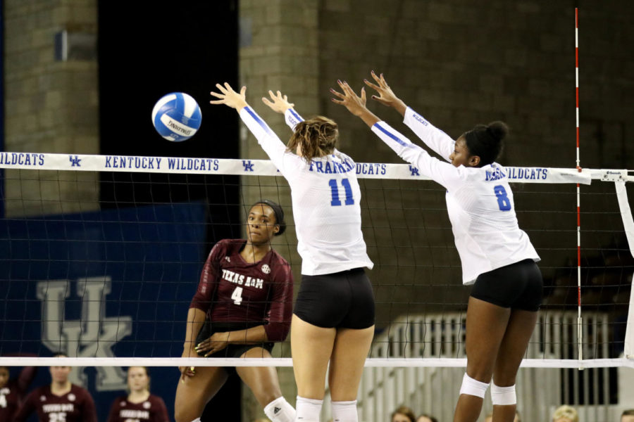 Emily Franklin & Darian Mack attempt to block a spike during the match against Texas A&M on Wednesday, October 11, 2017 in Lexington, Ky. Kentucky won 3-0. Photo by Chase Phillips | Staff