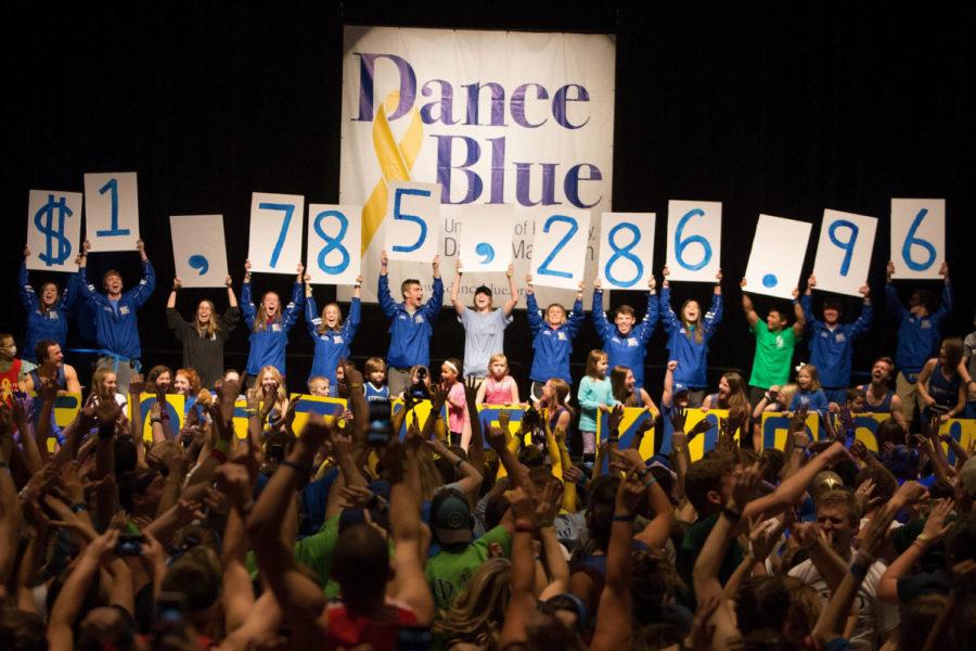 The UK DanceBlue committee reveals the total money raised $1,785,286.96 at the conclusion of the 24-hour dance marathon at Memorial Coliseum in Lexington, Ky on Sunday, February 26, 2017. Photo by Michael Reaves | Staff.
