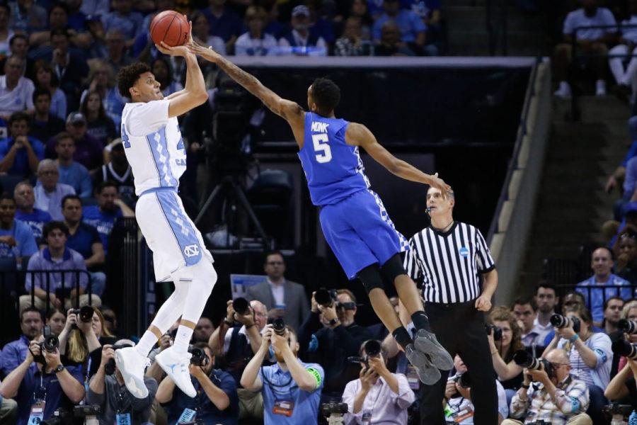 North Carolina Tar Heels forward Justin Jackson shoots a jumper over Kentucky Wildcats guard Malik Monk during the 2017 NCAA Men's Basketball Tournament South Regional Elite 8 at FedExForum in Memphis, TN on Friday March 24, 2017. Photo by Michael Reaves | Staff