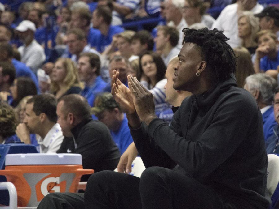 Kentucky Wildcats forward Jarred Vanderbilt #2 applauds from the bench during the Blue/White game on Friday, October 20, 2017 in Lexington, Ky. Blue won 88-67. Photo by Chase Phillips | Staff