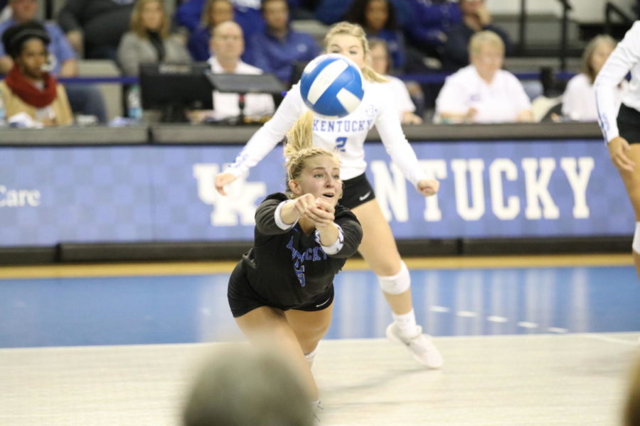 Ashley Dusek makes a diving save during the match against Florida on Wednesday, November 1, 2017 in Lexington, Ky. Kentucky lost 3-0. Photo by Chase Phillips | Staff