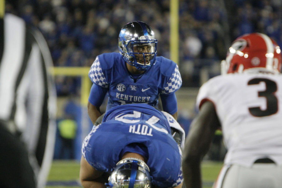 Kentucky quarterback Stephen Johnson prepares to call a play during the game against Georgia on Saturday, November 5, 2016 in Lexington, Ky. Photo by Hunter Mitchell | Staff