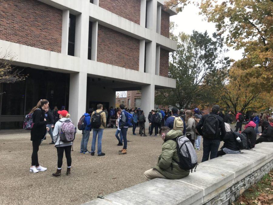 Students gathered outside White Hall Classroom Building after evacuating due to a gas leak on the afternoon of Tuesday, Nov. 7, 2017. Madison Rexroat | STAFF