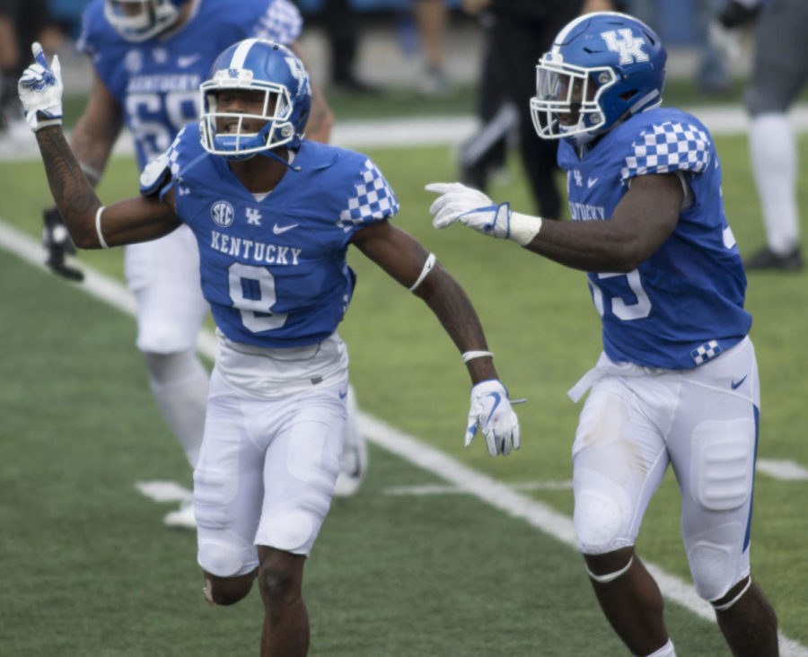Derrick+Baity+%238+of+the+Kentucky+Wildcats+celebrates+a+fumble+recovery+during+the+game+against+EKU+on+Saturday%2C+September+9%2C+2017%2C+in+Lexington%2C+Ky.+Kentucky+defeated+EKU+27-16.+Photo+by+Carter+Gossett+%7C+Staff
