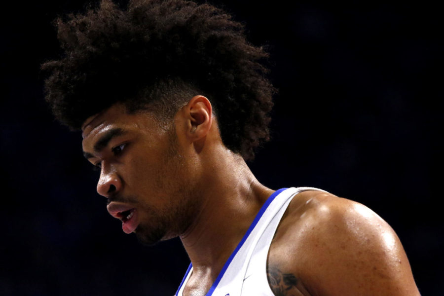 Kentucky freshman forward Nick Richards pauses during a timeout during the game against Fort Wayne on Wednesday, November 22, 2017 in Lexington, Kentucky. Kentucky won . Photo by Arden Barnes | Staff