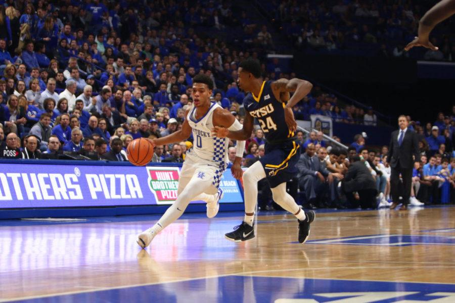 Kentucky freshman guard Quade Green brings the ball up the court during the game against Eastern Tennessee State University on Friday, November 17, 2017 in Lexington, Kentucky. Kentucky won 78-61. Photo by Bailey Vandiver | Staff