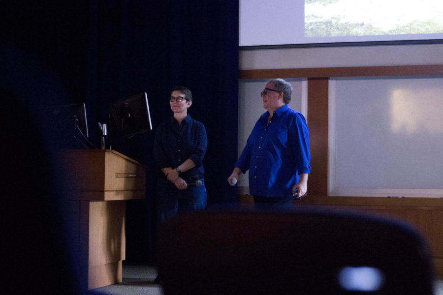 Photographer Lori Nix and her partner Kathleen Gerber lectured to UK faculty, staff, and students as part of the Robert C. May lecture series in the Kincaid Auditorium on Friday, November 10, 2017 in Lexington, Kentucky. Photo by Arden Barnes | Staff