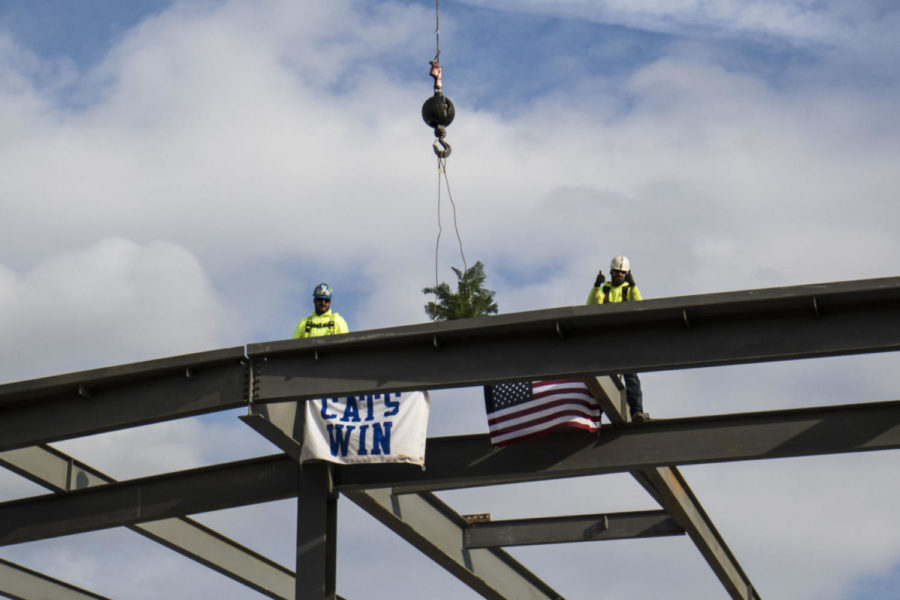 Members of the University of Kentucky baseball team, coaching and supporting staffs, and season ticket holders signed a beam that was incorporated into the new baseball stadium on campus which is scheduled to be completed in fall 2018. The beam was installed during the topping-out ceremony on Thursday, November 2, 2017 in Lexington, Kentucky, which is a tradition in the construction of large structures signifying the placement of the largest or highest piece of steel on the structure. Photo by Arden Barnes | Staff