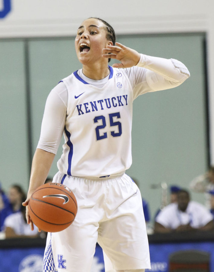 Kentucky Wildcat guard Makayla Epps directs the offense during the second quarter of the game against the Mississippi State Bulldogs on Thursday, February 23, 2017 at Memorial Coliseum in Lexington, KY. Photo by Addison Coffey | Staff.