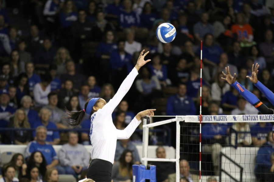 Leah Edmond spikes the ball during the match against Florida on Wednesday, November 1, 2017 in Lexington, Ky. Kentucky lost 3-0. Photo by Chase Phillips | Staff