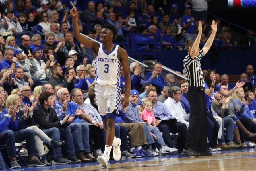 Redshirt freshman guard Hamidou Diallo celebrates after hitting a three during the game against Utah Valley on Sunday, November 12, 2017 in Lexington, Ky. Kentucky won the game 73-69. Photo by Hunter Mitchell.