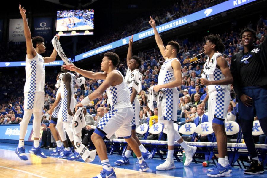 Kentucky+Wildcats+bench+celebrates+a+three+pointer+by+Brad+Calipari+during+the+game+against+Centre+College+on+Friday%2C+November+3%2C+2017+in+Lexington%2C+Ky.+Kentucky+won+106-63.+Photo+by+Chase+Phillips+%7C+Staff
