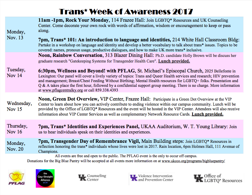 Trans* Week of Awareness, hosted by the Office of LGBTQ* Resources, will take place from Nov. 13 to Nov. 20 at UK and around the nation.