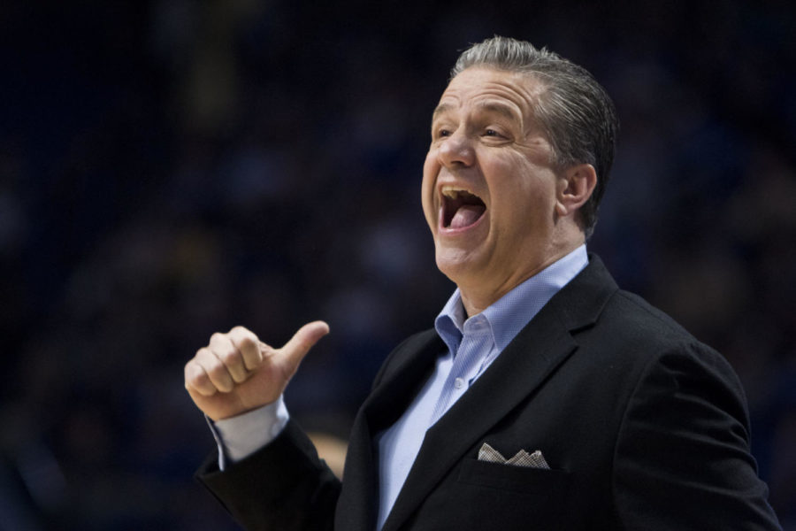 Kentucky head coach John Calipari yells at the wildcats during the Kentucky Cares Classic charity game against Morehead State at Rupp Arena on Monday, October 30, 2017 in Lexington, Ky. Kentucky won 92 to 67. Photo by Arden Barnes | Staff