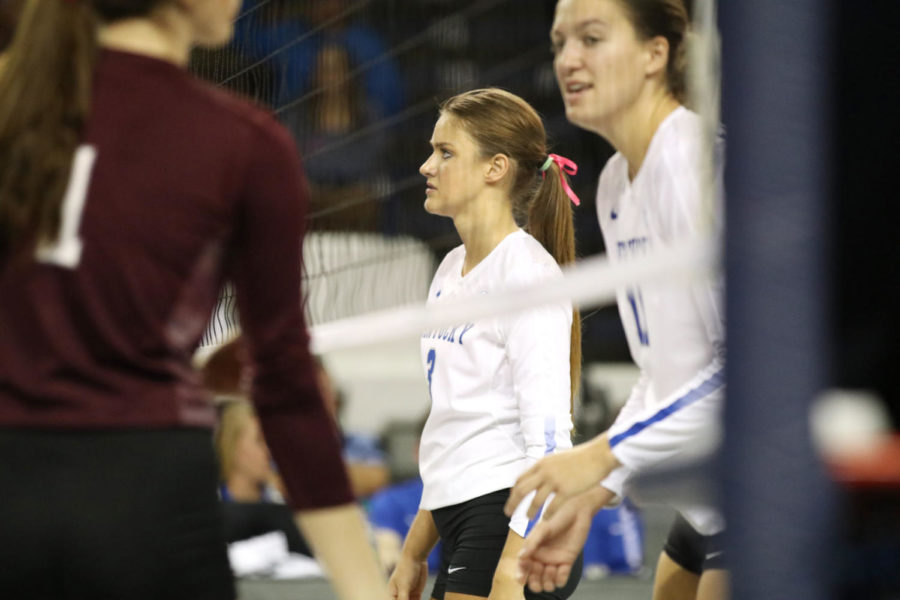 Madison Lilley waits for the match to begin against Texas A&M on Wednesday, October 11, 2017 in Lexington, Ky. Kentucky won 3-0. Photo by Chase Phillips | Staff