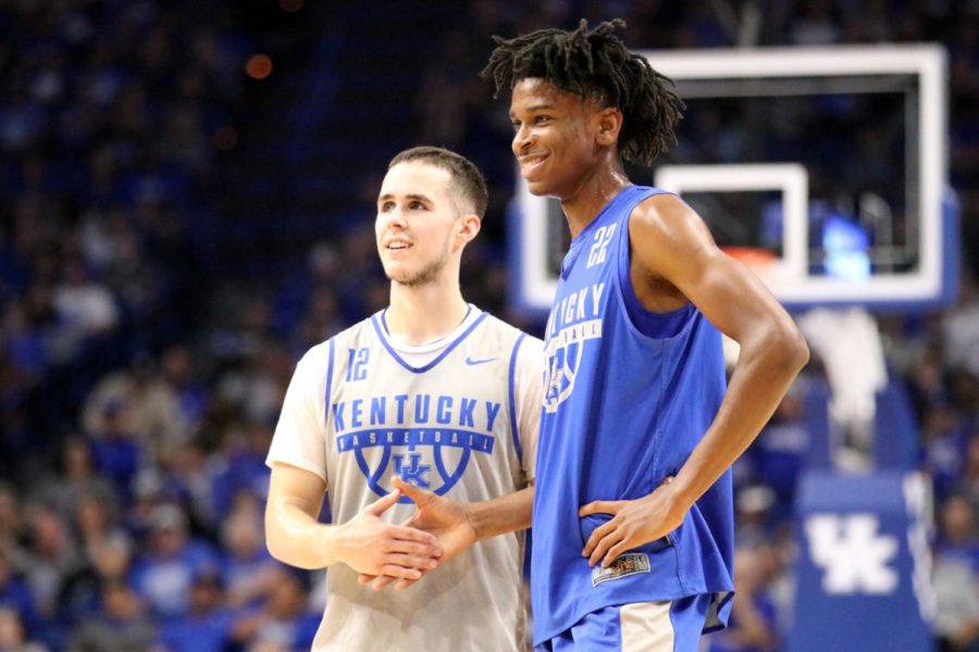Kentucky Wildcats guard Brad Calipari #12 and guard Shai Gilgeous-Alexander #22 shake hands during the Blue/White game on Friday, October 20, 2017 in Lexington, Ky. Blue won 88-67. Photo by Chase Phillips | Staff