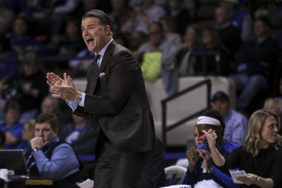 Kentucky Coach Matthew Mitchell yells from the sidelines during the first half of the Wildcat's game against the Colorado Buffaloes at Memorial Coliseum on Sunday, November 22, 2015 in Lexington, Kentucky. Photo by Taylor Pence