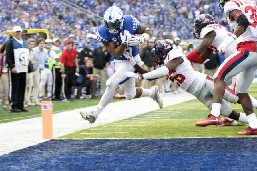 Kentucky running back Benny Snell Jr. is pushed out of bounds right before scoring a touchdown during the game against Ole Miss on Saturday, November 4, 2017 in Lexington, Ky. Kentucky lost the game 37-34. Photo by Carter Gossett | Staff