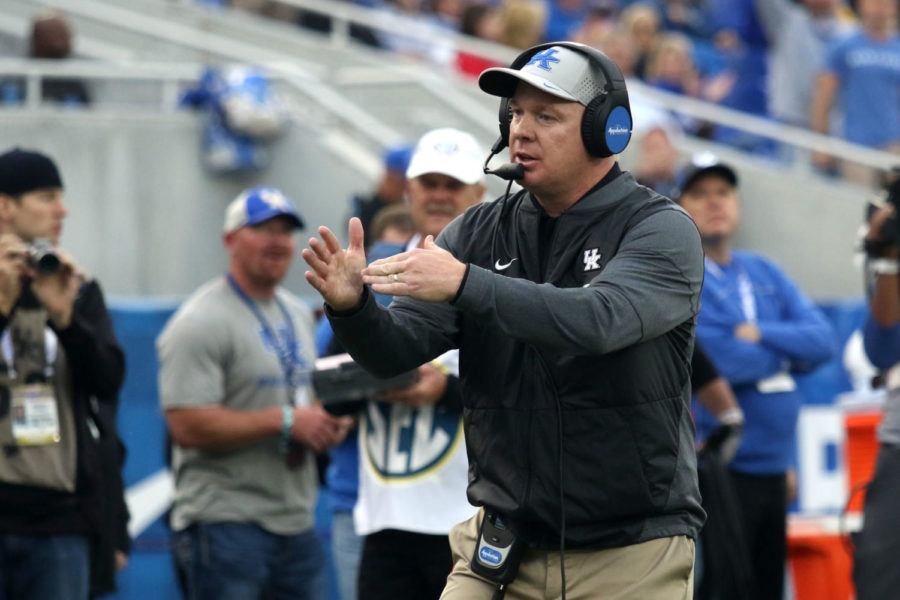 UK head coach Mark Stoops calls a timeout during the game against Ole Miss on Saturday, November 4, 2017 in Lexington, Ky.