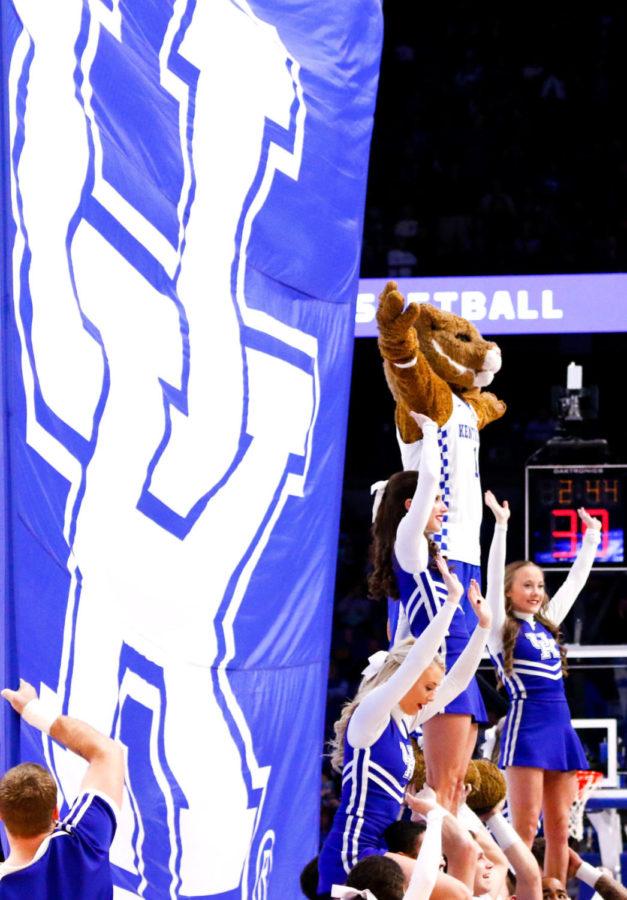The Kentucky Wildcat and Kentucky cheerleaders create a pyramid during the game against Fort Wayne on Wednesday, November 22, 2017 in Lexington, Kentucky. Kentucky won 86-67. Photo by Arden Barnes | Staff