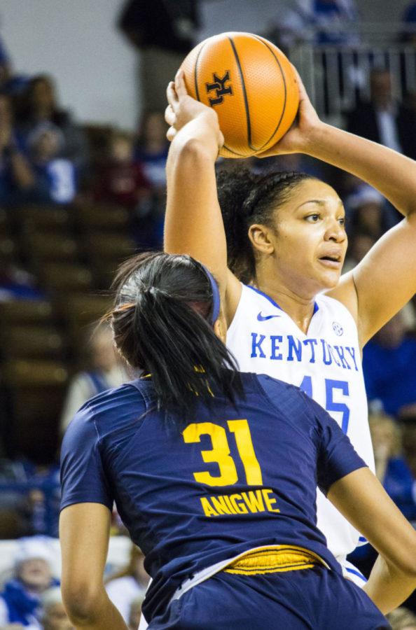 Senior center Alyssa Rice gets ready to pass the ball during the game against California on Thursday, December 21, 2017 in Lexington, Kentucky. Kentucky was defeated 62-52. Photo by Olivia Beach | Staff