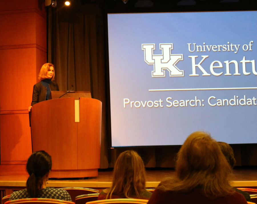 Dean Donna Arnett answers questions at the Provost Search open forum in the Karpf Auditorium on Thursday, December 7, 2017 in Lexington, Kentucky. Photo by Rick Childress | Staff