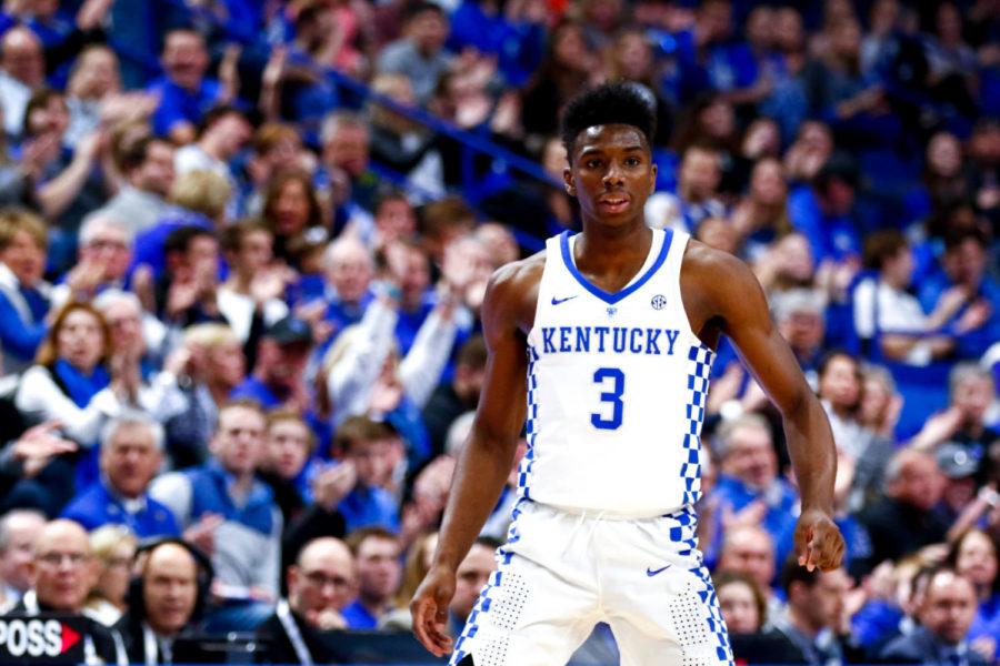 Kentucky red-shirt freshman guard Hamidou Diallo looks back after shooting a three during the game against Virginia Tech on Saturday, December 16, 2017 in Lexington, Kentucky. Kentucky won 93-86. Photo by Arden Barnes | Staff