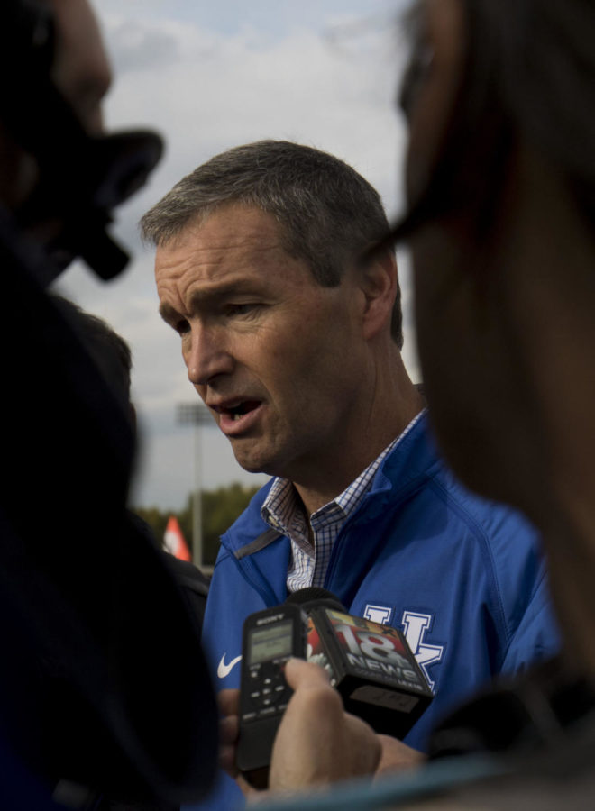 UK athletics director Mitch Barnhart talks to the media after the ceremony for the new baseball stadium, scheduled to be finished fall 2018. Members of the University of Kentucky baseball team, coaching and supporting staffs, and season ticket holders signed a beam that was incorporated into the new baseball stadium on campus. The beam was installed during the topping-out ceremony on Thursday, November 2, 2017 in Lexington, Kentucky, which is a tradition in the construction of large structures signifying the placement of the largest or highest piece of steel on the structure. Photo by Arden Barnes | Staff
