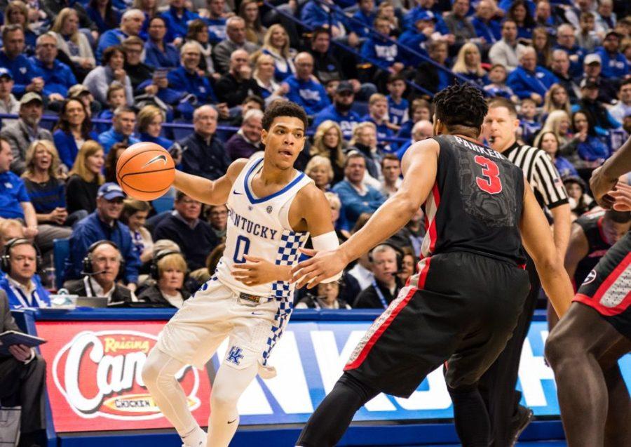 Freshman guard Quade Green moves the ball down the court and tries to line up for a shot at the basket. Sunday, December 31, 2017 in Lexington, Ky. Photo by Edward Justice | Staff