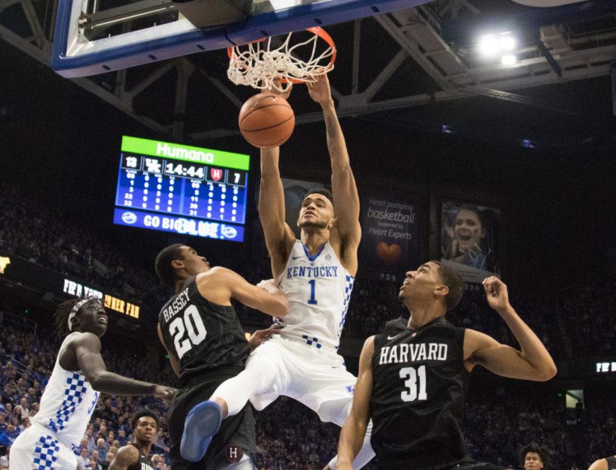 Sophomore forward Sacha Killeya-Jones goes in for a slam dunk during the game against Harvard on Saturday, December 2, 2017 in Lexington , Kentucky. Kentucky defeated Harvard 79-70. Photo By Genna Melendez | Staff