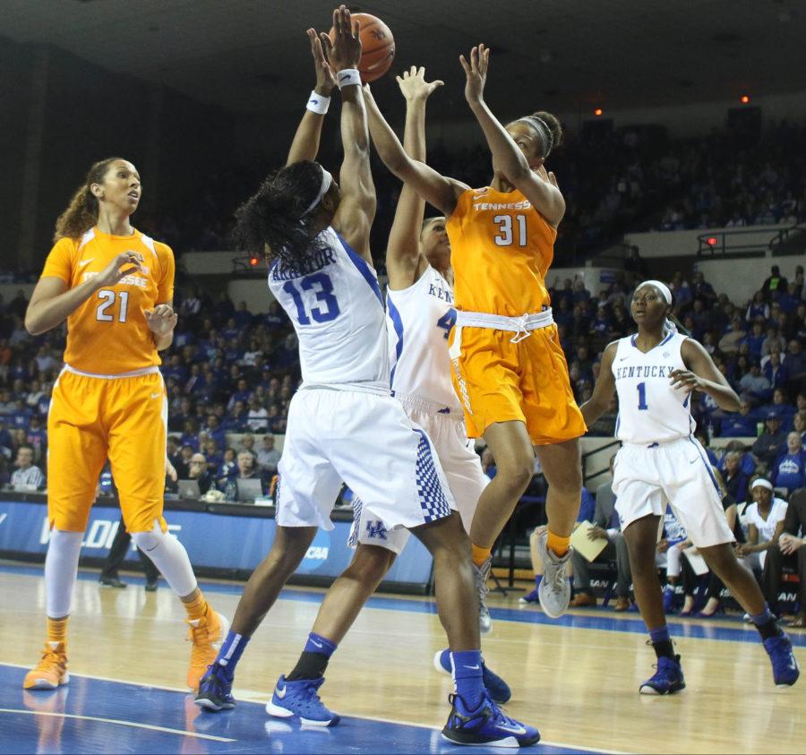 Sophomore UT guard Jaime Nared (31) drives the paint against junior forward Evelyn Akhator (13) during the game against the Tennessee Volunteers on Monday, January 25, 2016 in Lexington, Ky. Kentucky won the game 64-63. Photo by Hunter Mitchell | Staff