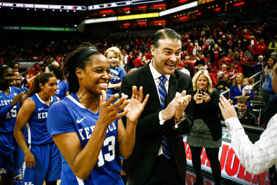 Kentucky+head+coach+Matthew+Mitchell+and+guard+Bria+Goss+cheer+after+the+second+half+of+the+Kentucky+vs.+Louisville+womens+basketball+game+at+the+KFC+Yum%21+Center+on+Sunday%2C+December+7%2C+2014+in+Lexington%2C+Ky.+Kentucky+defeated+Louisville+77-68.+Photo+by+Adam+Pennavaria+%7C+Staff