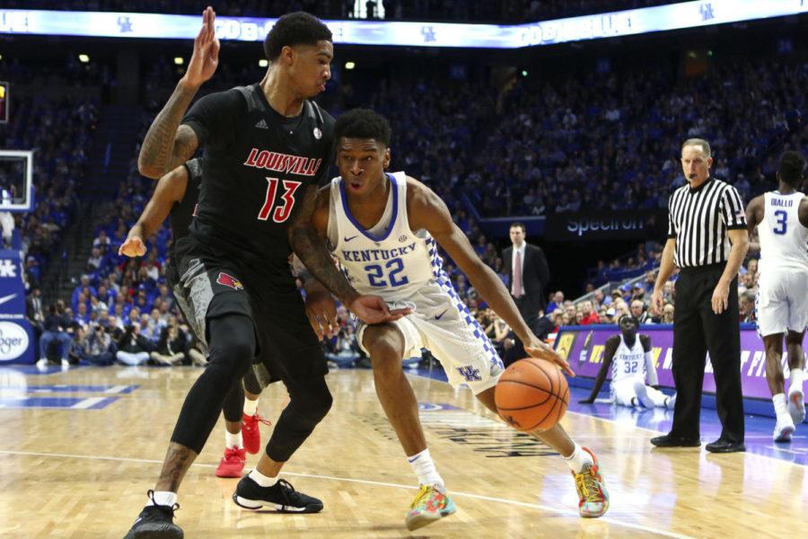 Shai+Gilgeous-Alexander+%2322+of+the+Kentucky+Wildcats+drives+down+the+base-line+during+the+game+against+Louisville+Friday%2C+December+29%2C+2017+in+Lexington%2C+Ky.+Kentucky+defeated+Louisville+90-61.+Photo+by+Carter+Gossett+%7C+Staff