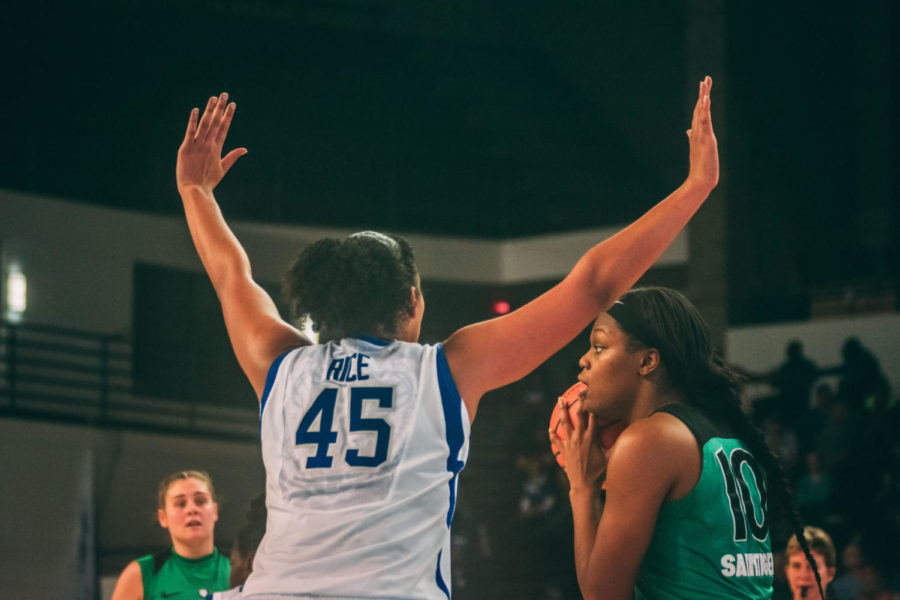 Kentucky senior center Alyssa Rice guards the ball during the game against Marshall University on Sunday, November 26, 2017 in Lexington, Kentucky. Photo by Connor Woods | Staff