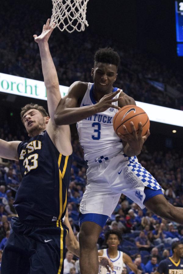 Kentucky redshirt freshman guard Hamidou Diallo gets the rebound during the game against Eastern Tennessee State University on Friday, November 17, 2017 in Lexington, Kentucky. Kentucky won 78-61. Photo by Arden Barnes | Staff