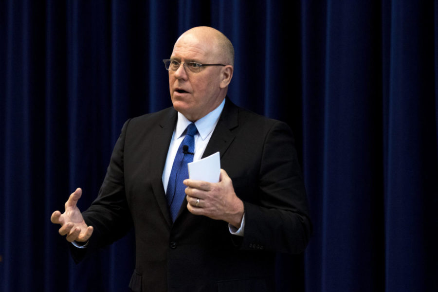 Provost David Blackwell spoke to students, faculty, and staff in Kincaid Auditorium on Friday, December 8, 2017 in Lexington, Kentucky. Photo by Arden Barnes | Staff