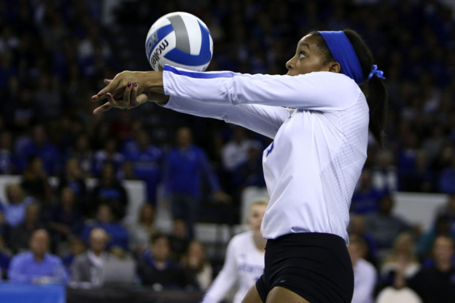 Sophomore outside hitter Leah Edmond digs a ball during the First Round match in the NCAA Tournament Friday, December 1, 2017 in Lexington, Ky. Photo by Carter Gossett | Staff