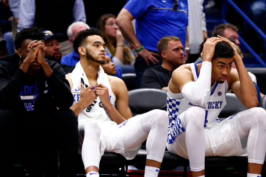 Players+on+Kentuckys+bench+watch+the+conclusion+of+the+CBS+Sports+Classic+game+against+UCLA+on+Saturday%2C+December+23%2C+2017+in+New+Orleans%2C+Louisiana.+Kentucky+was+defeated+83-75.+Photo+by+Arden+Barnes+%7C+Staff