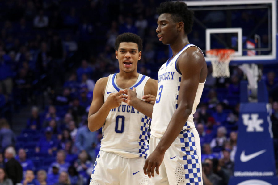 Freshman guards Quade Green (0) and Hamidou Diallo (3) talk during a foul shot during the game against UIC on Sunday, November 26, 2017 in Lexington, Ky. Kentucky won the game 107-73. Photo by Hunter Mitchell