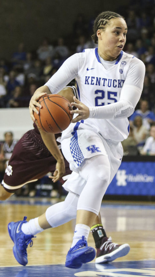 Kentucky Wildcat guard Makayla Epps drives towards the basket during the third quarter of the game against the Mississippi State Bulldogs on Thursday, February 23, 2017 at Memorial Coliseum in Lexington, KY. Photo by Addison Coffey | Staff.