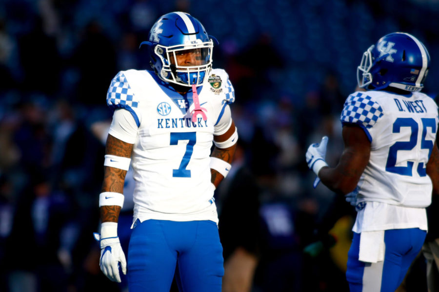 Kentucky Wildcats safety Mike Edwards warms up with the team prior to the Music City Bowl game against Northwestern on Friday, December 29, 2017 in Nashville, Tennessee. Kentucky was defeated 24-23. Photo by Arden Barnes | Staff