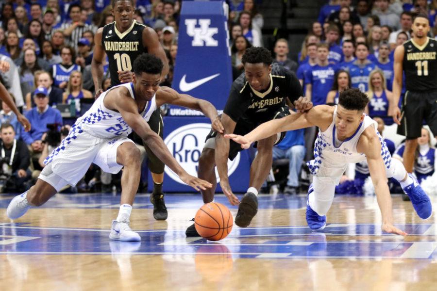 Shai Gilgeous-Alexander and Kevin Knox dive for the ball during the game against Vanderbilt on Tuesday, January 30, 2018 in Lexington, Ky. Kentucky won in overtime 83-81 | Photo by Chase Phillips | Staff
