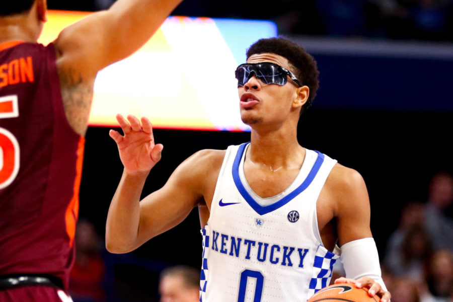 Kentucky freshman guard Quade Green motions to a teammate during the game against Virginia Tech on Saturday, December 16, 2017 in Lexington, Kentucky. Kentucky won 93-86. Photo by Arden Barnes | Staff