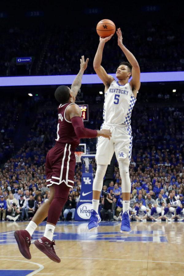 Freshman forward Kevin Knox hits a three during the game against Mississippi State on Tuesday, January 23, 2018 in Lexington, Ky. Kentucky won the game 78-65. Photo by Hunter Mitchell.